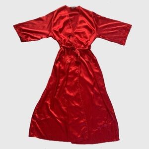 Vintage Le Boudoir Silky Satin Red Heart Embroidered Long Robe Size M